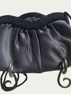 ADG Vintage Black Satin & Beaded Scalloped Evening Bag Clutch